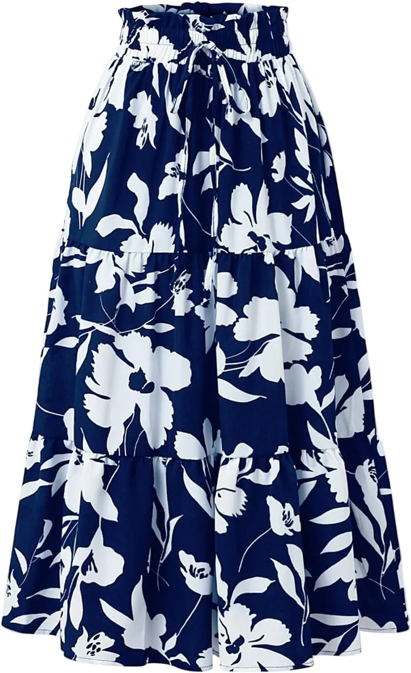 Womens Floral Skirts Summer Casual Elegant A-Line Maxi Skirts with Belt Flowy Smocked Waist Midi Wedding