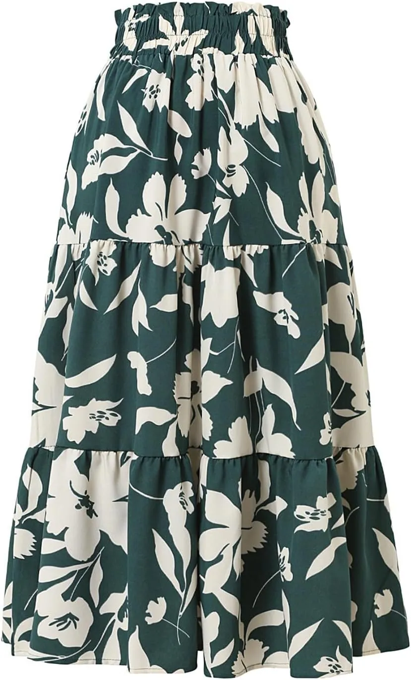 Womens Floral Skirts Summer Casual Elegant A-Line Maxi Skirts with Belt Flowy Smocked Waist Midi Wedding