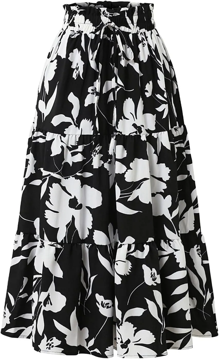 Womens Floral Skirts Summer Casual Elegant A-Line Maxi Skirts with Belt Flowy Smocked Waist Midi Wedding