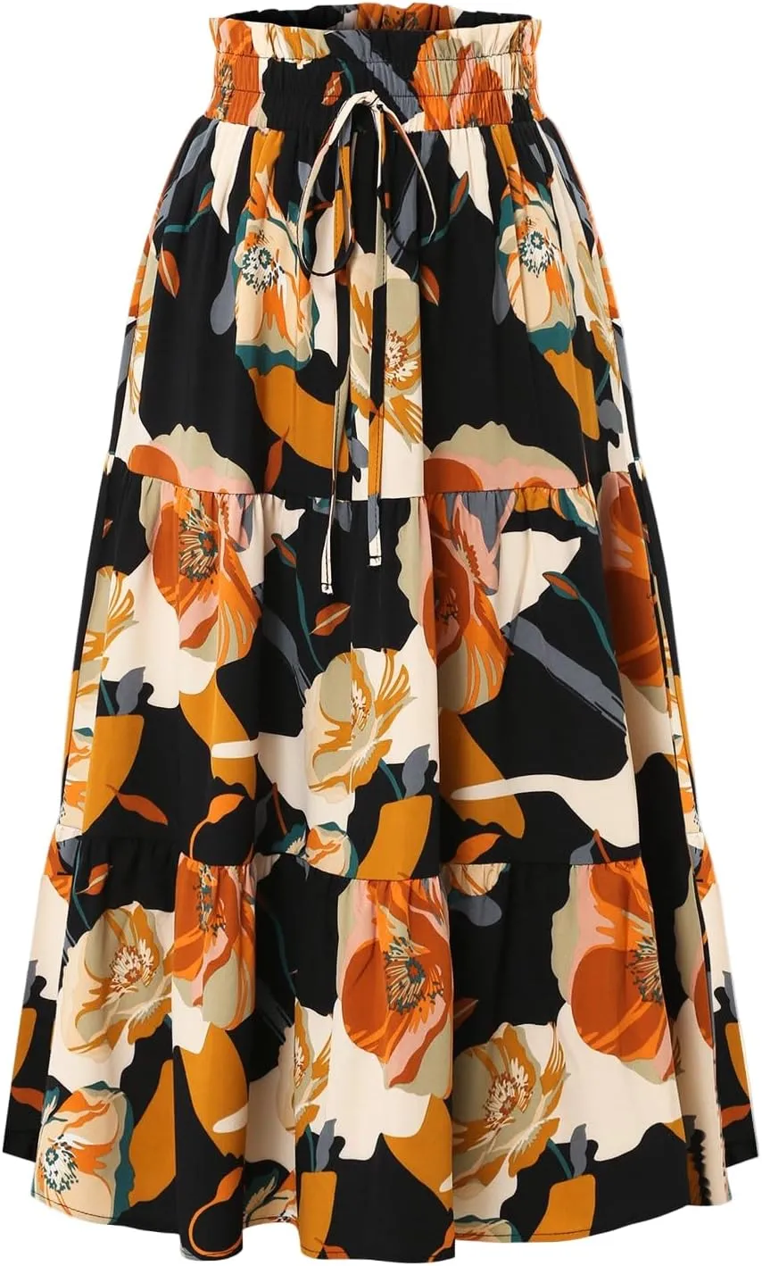 Womens Floral Skirts Summer Casual Elegant A-Line Maxi Skirts with Belt Flowy Smocked Waist Midi Wedding
