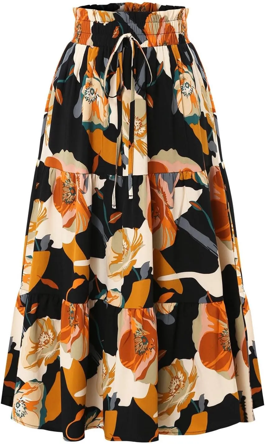 Womens Floral Skirts Summer Casual Elegant A-Line Maxi Skirts with Belt Flowy Smocked Waist Midi Wedding