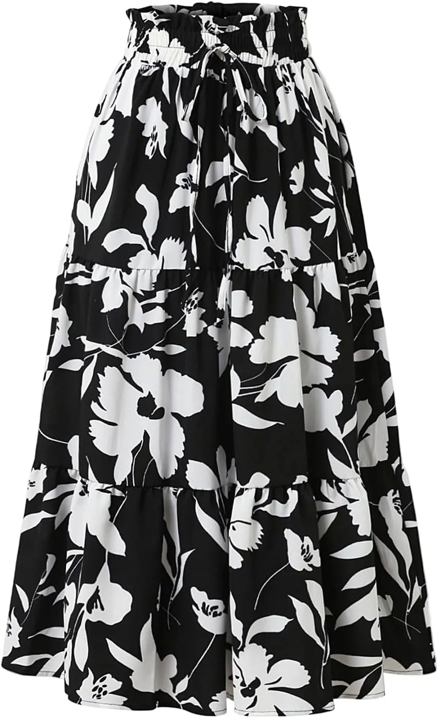 Womens Floral Skirts Summer Casual Elegant A-Line Maxi Skirts with Belt Flowy Smocked Waist Midi Wedding