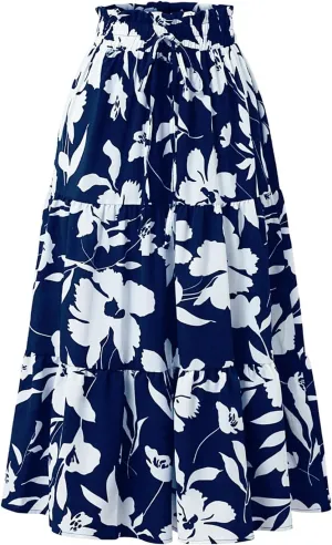 Womens Floral Skirts Summer Casual Elegant A-Line Maxi Skirts with Belt Flowy Smocked Waist Midi Wedding