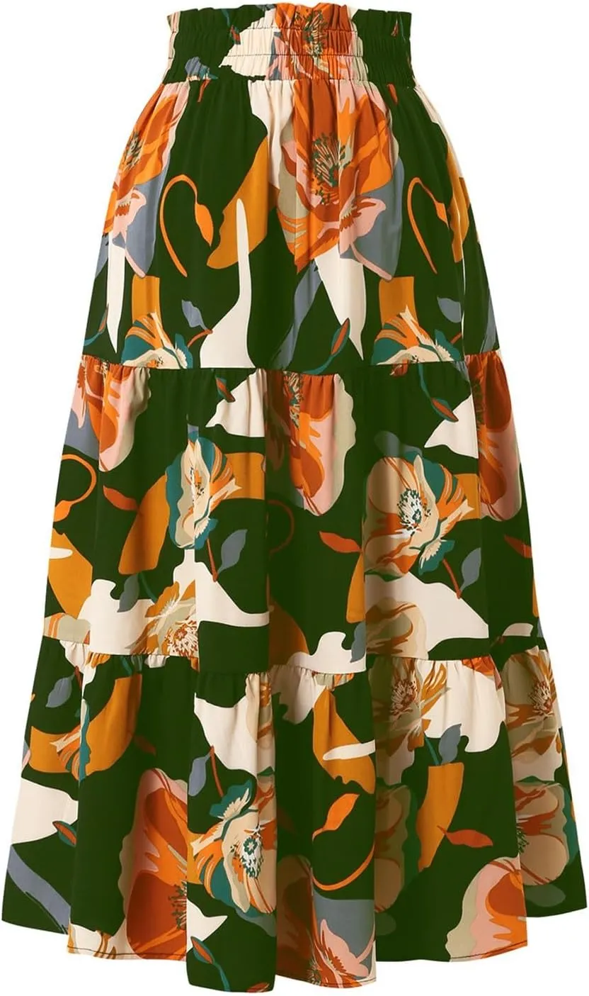 Womens Floral Skirts Summer Casual Elegant A-Line Maxi Skirts with Belt Flowy Smocked Waist Midi Wedding