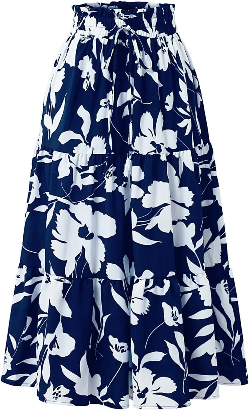 Womens Floral Skirts Summer Casual Elegant A-Line Maxi Skirts with Belt Flowy Smocked Waist Midi Wedding