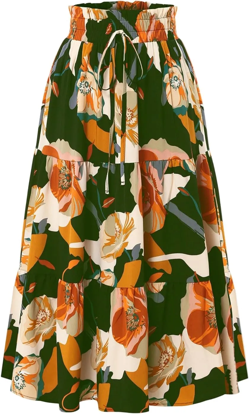 Womens Floral Skirts Summer Casual Elegant A-Line Maxi Skirts with Belt Flowy Smocked Waist Midi Wedding