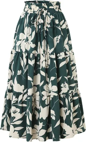 Womens Floral Skirts Summer Casual Elegant A-Line Maxi Skirts with Belt Flowy Smocked Waist Midi Wedding
