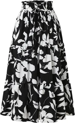 Womens Floral Skirts Summer Casual Elegant A-Line Maxi Skirts with Belt Flowy Smocked Waist Midi Wedding