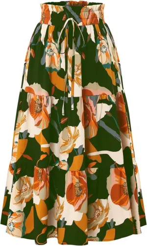 Womens Floral Skirts Summer Casual Elegant A-Line Maxi Skirts with Belt Flowy Smocked Waist Midi Wedding