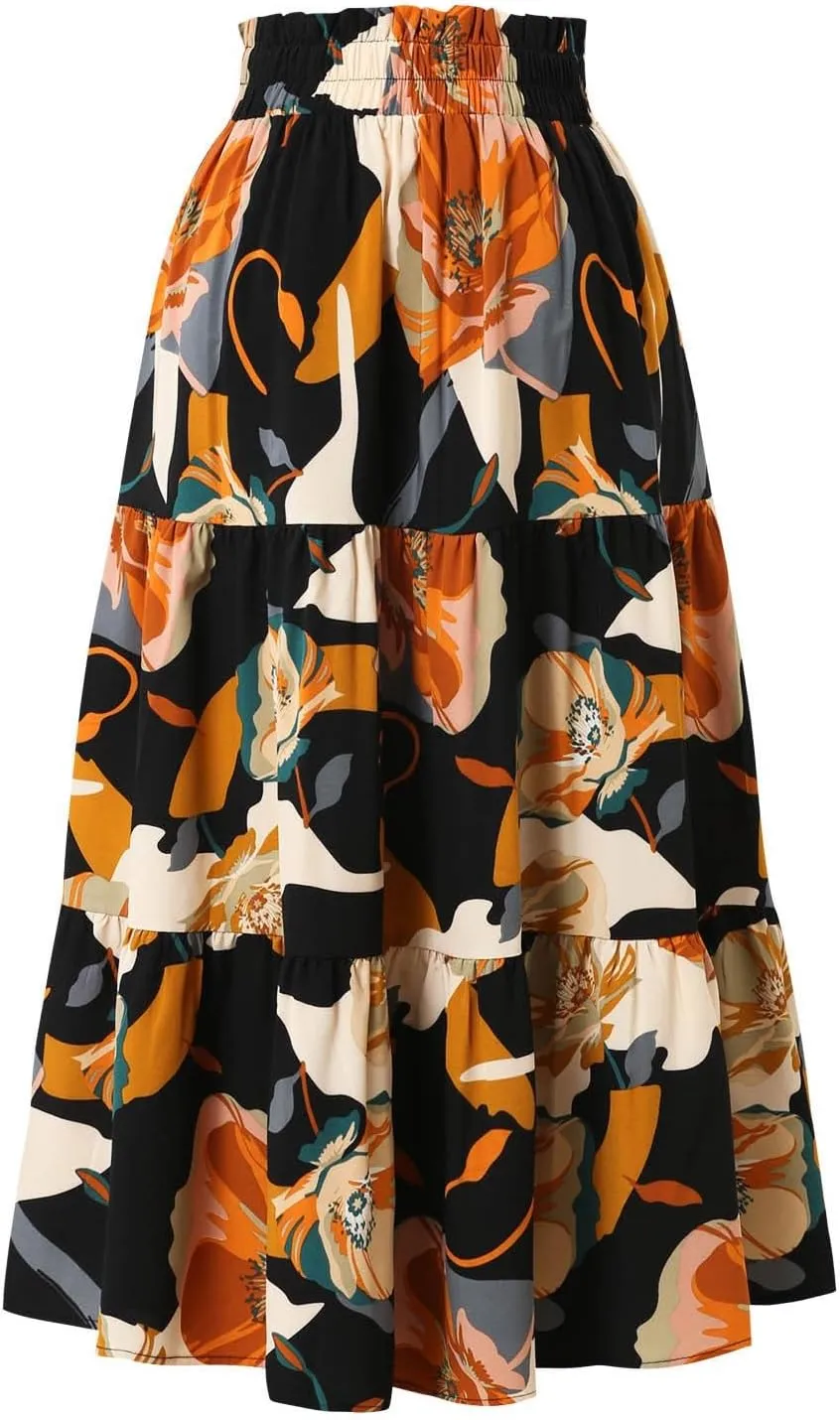 Womens Floral Skirts Summer Casual Elegant A-Line Maxi Skirts with Belt Flowy Smocked Waist Midi Wedding