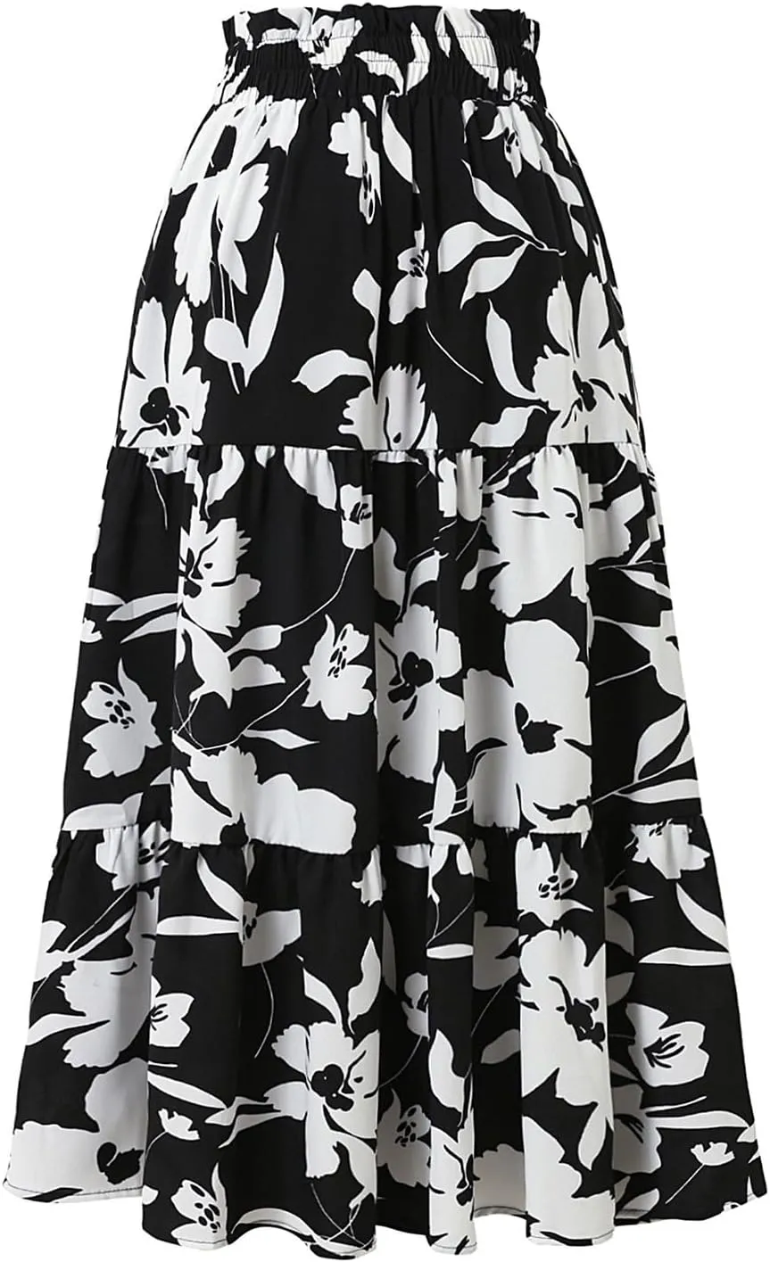 Womens Floral Skirts Summer Casual Elegant A-Line Maxi Skirts with Belt Flowy Smocked Waist Midi Wedding