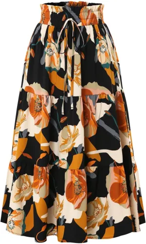 Womens Floral Skirts Summer Casual Elegant A-Line Maxi Skirts with Belt Flowy Smocked Waist Midi Wedding