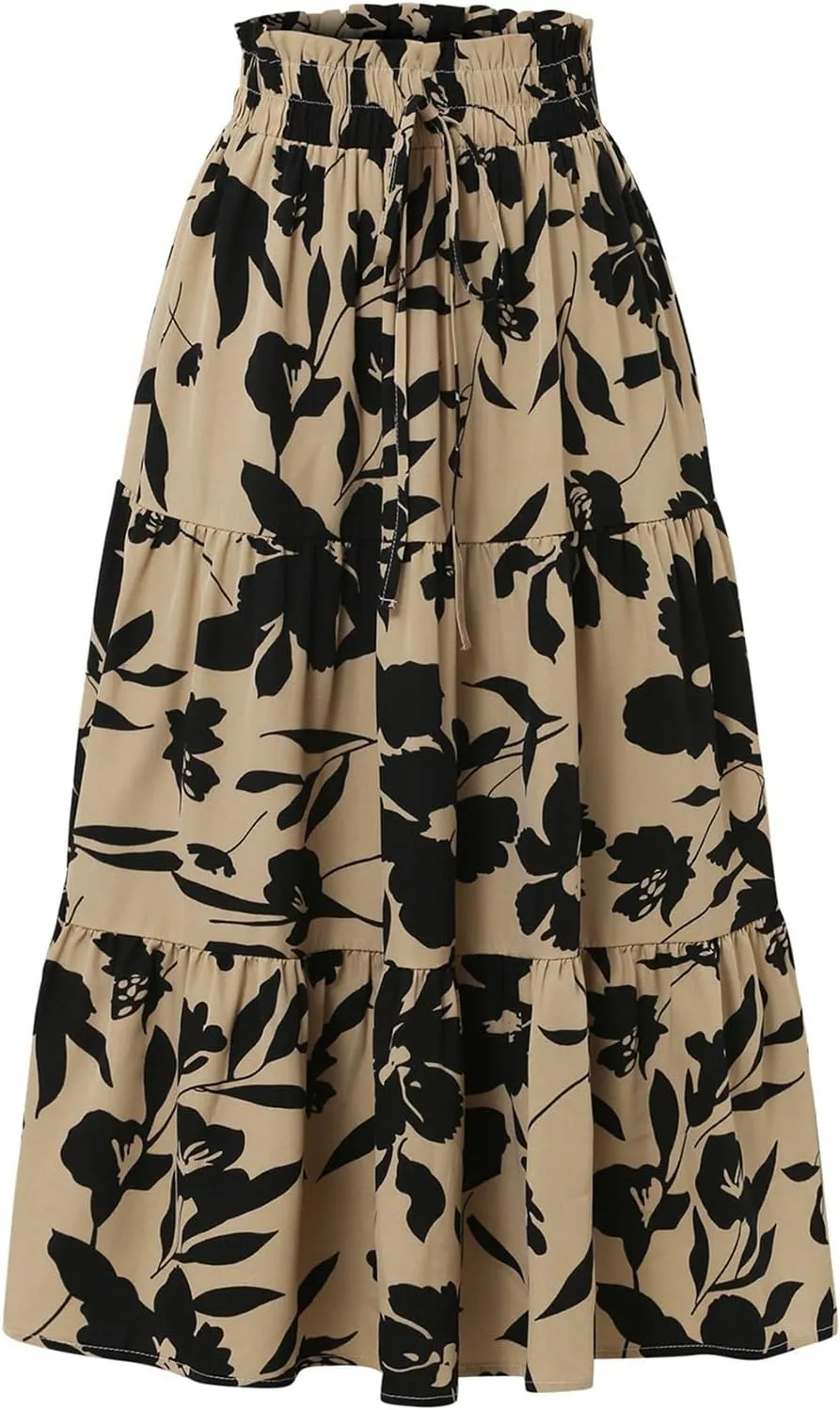 Womens Floral Skirts Summer Casual Elegant A-Line Maxi Skirts with Belt Flowy Smocked Waist Midi Wedding
