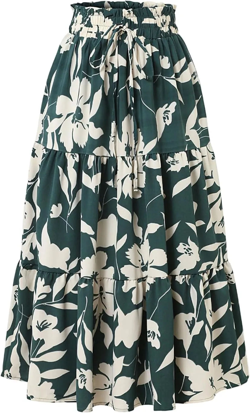 Womens Floral Skirts Summer Casual Elegant A-Line Maxi Skirts with Belt Flowy Smocked Waist Midi Wedding