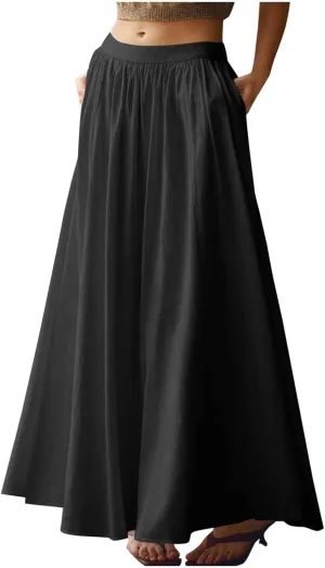 Women's Flowy Maxi Skirt Summer Pleated High Waisted Casual Long Skirts with Pockets Zipper Back Boho Dress