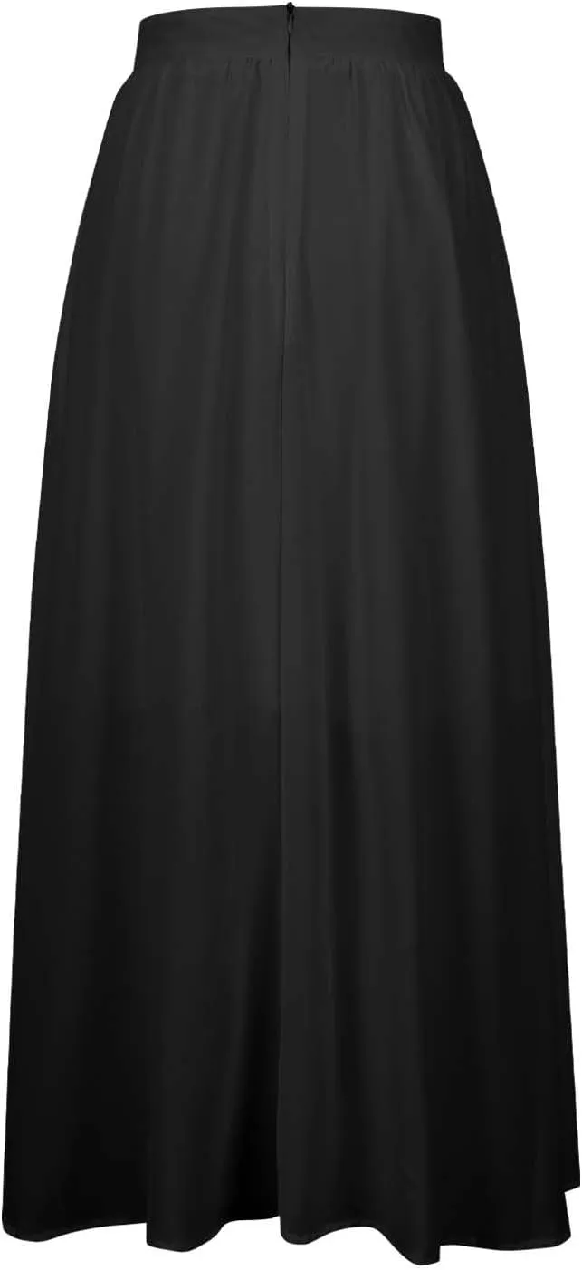Women's Flowy Maxi Skirt Summer Pleated High Waisted Casual Long Skirts with Pockets Zipper Back Boho Dress