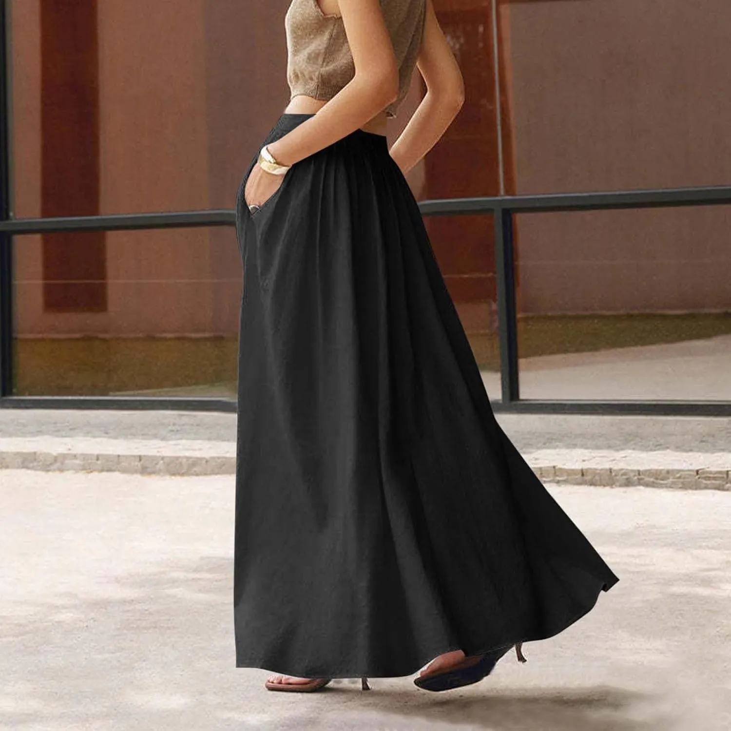 Women's Flowy Maxi Skirt Summer Pleated High Waisted Casual Long Skirts with Pockets Zipper Back Boho Dress