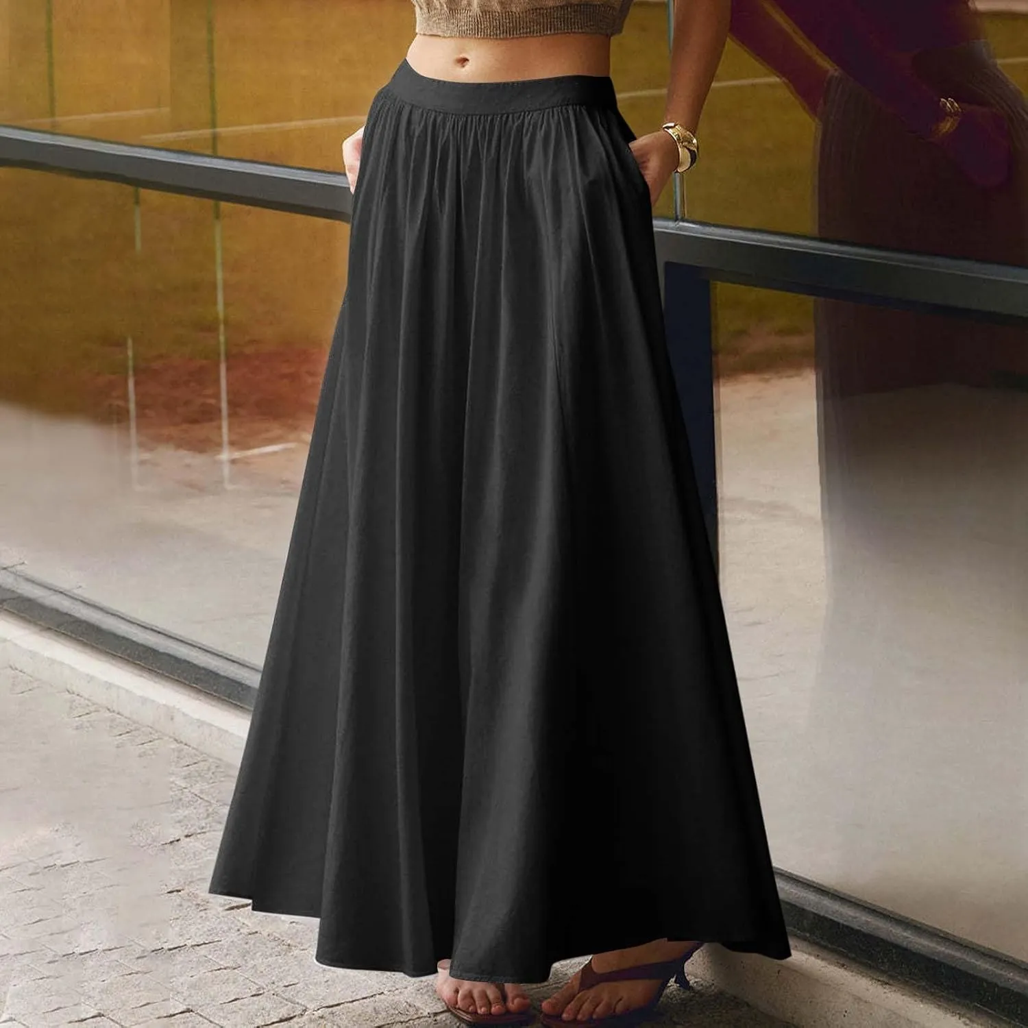 Women's Flowy Maxi Skirt Summer Pleated High Waisted Casual Long Skirts with Pockets Zipper Back Boho Dress