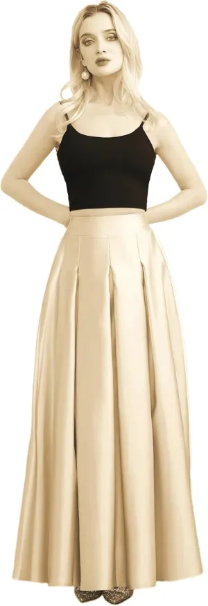 Women's Front Pleated Back Elastic Formal Prom Party Maxi Skirt A-Line Satin Skirts with Pockets