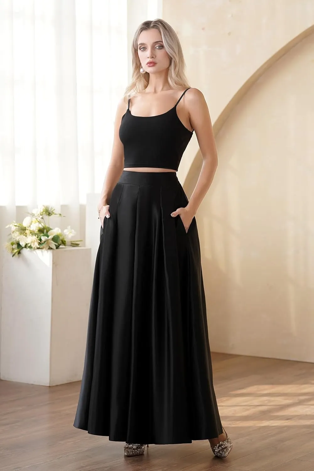 Women's Front Pleated Back Elastic Formal Prom Party Maxi Skirt A-Line Satin Skirts with Pockets