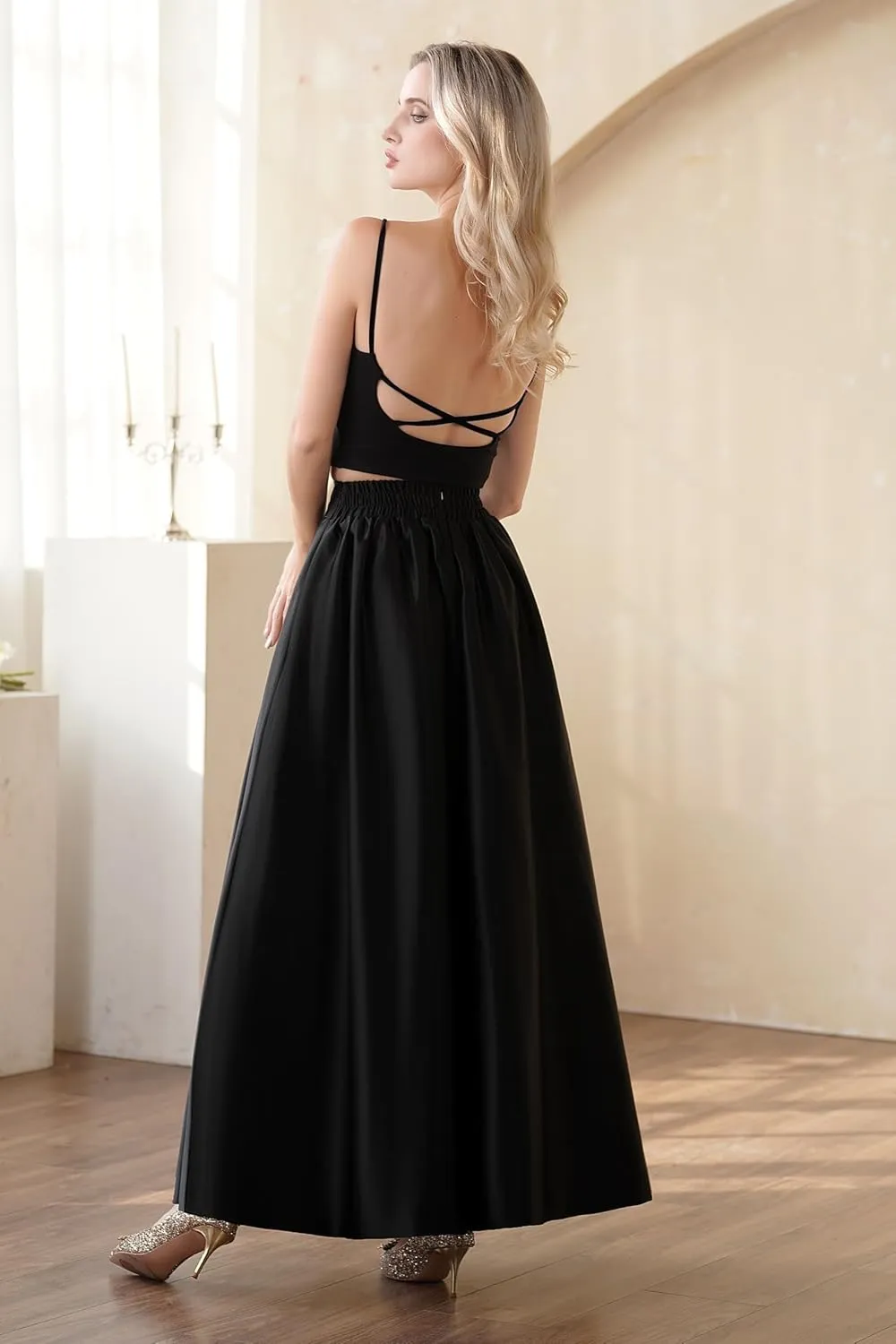 Women's Front Pleated Back Elastic Formal Prom Party Maxi Skirt A-Line Satin Skirts with Pockets