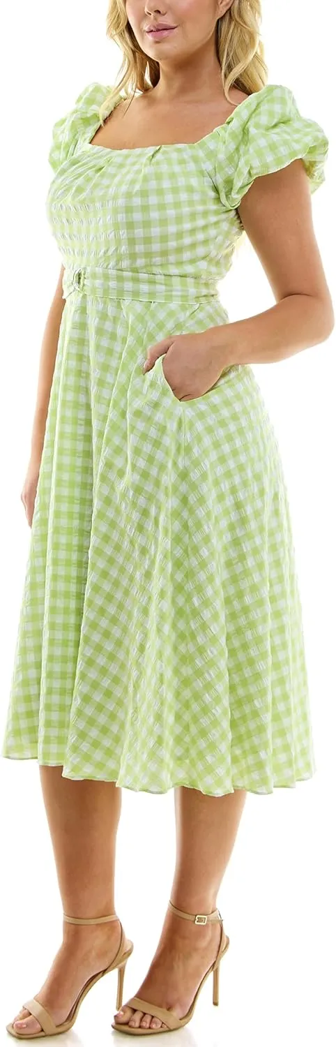 Women's Gingham Puff Shoulder Midi