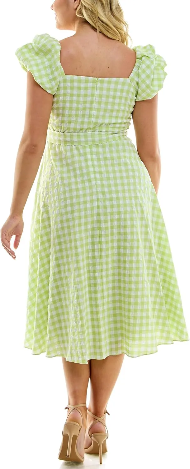 Women's Gingham Puff Shoulder Midi