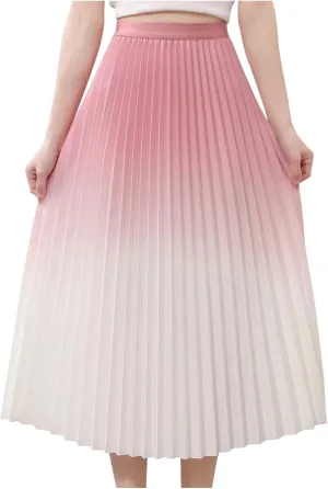 Womens Gradient Pleated Skirts A-Line Midi Skirts Trendy Casual High Elastic Waist Swing Skirt Slim A-Line Long Skirts