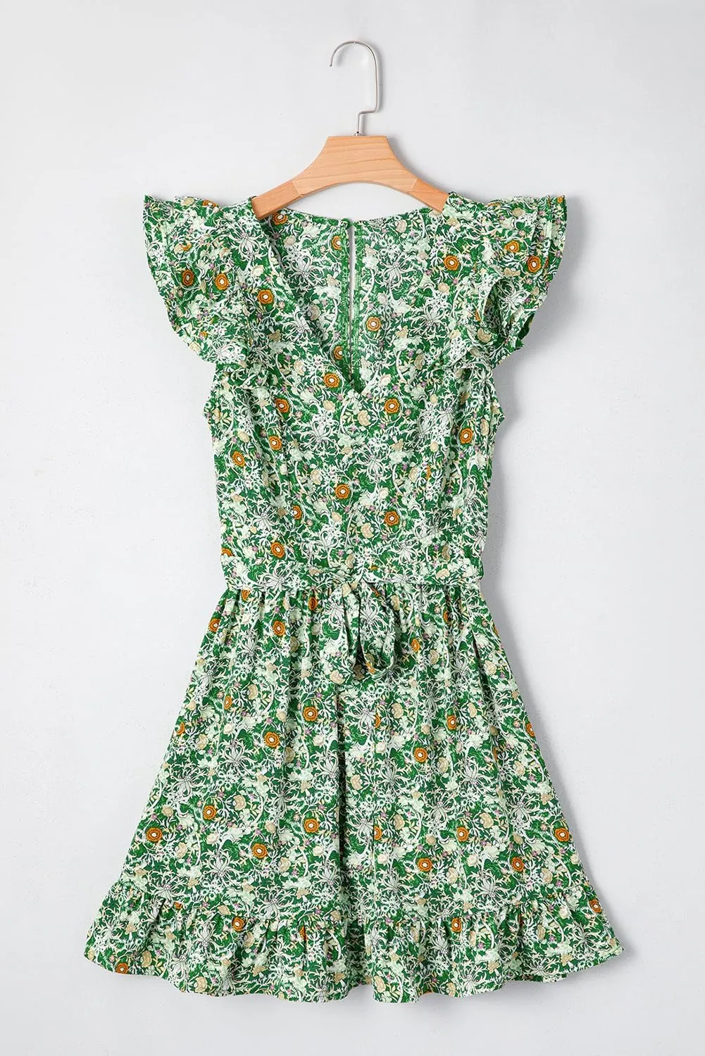 Women's Green Floral Print Flutter Sleeve V Neck Mini Dress with Ruffled Hem