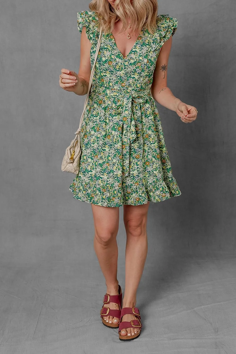 Women's Green Floral Print Flutter Sleeve V Neck Mini Dress with Ruffled Hem