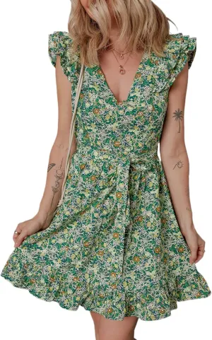 Women's Green Floral Print Flutter Sleeve V Neck Mini Dress with Ruffled Hem