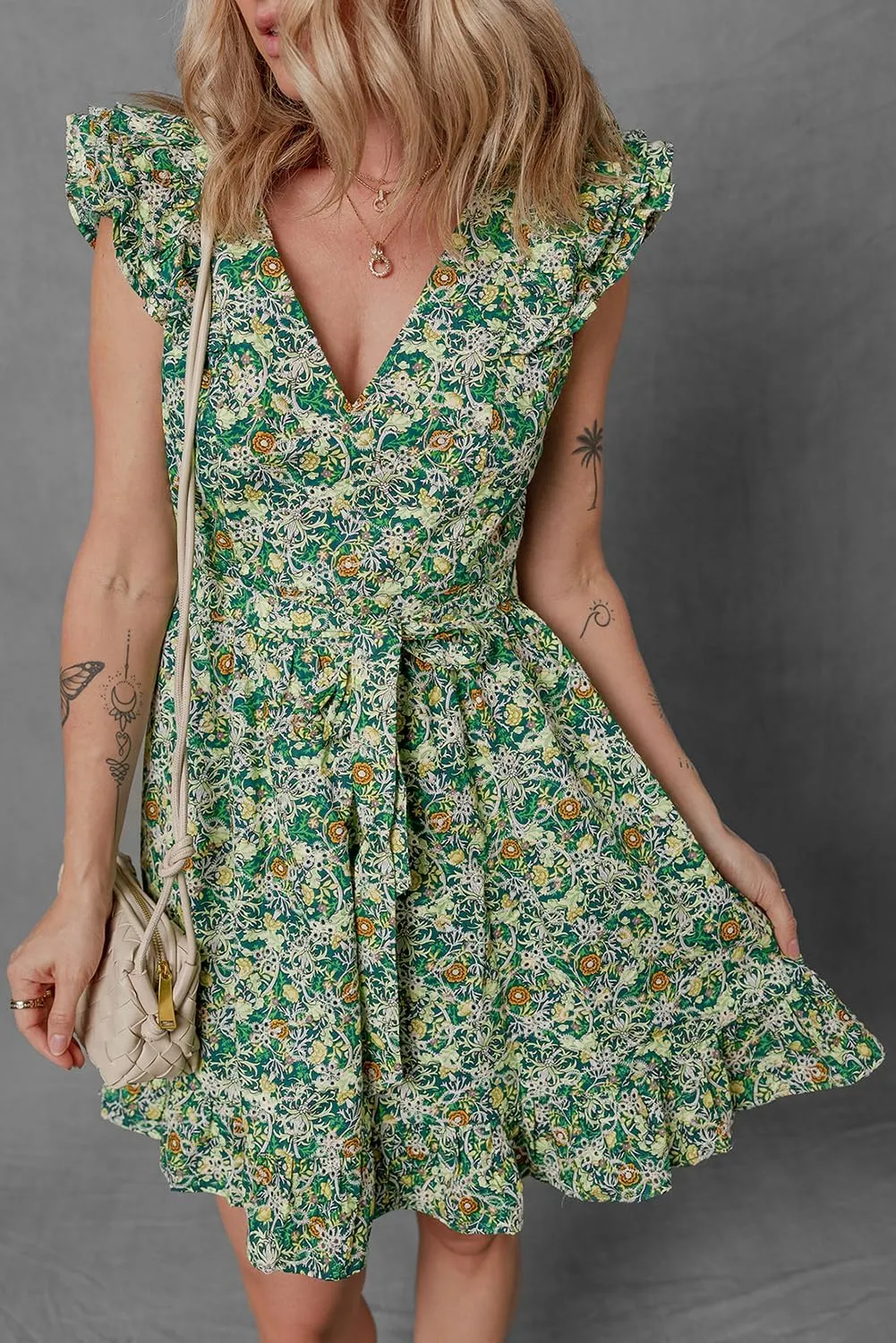 Women's Green Floral Print Flutter Sleeve V Neck Mini Dress with Ruffled Hem