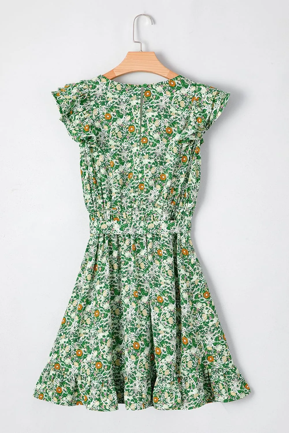 Women's Green Floral Print Flutter Sleeve V Neck Mini Dress with Ruffled Hem