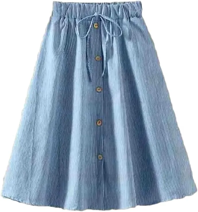 Women's High Waist Midi Denim Skirt Vintage A-Line Pleated Button Skirts