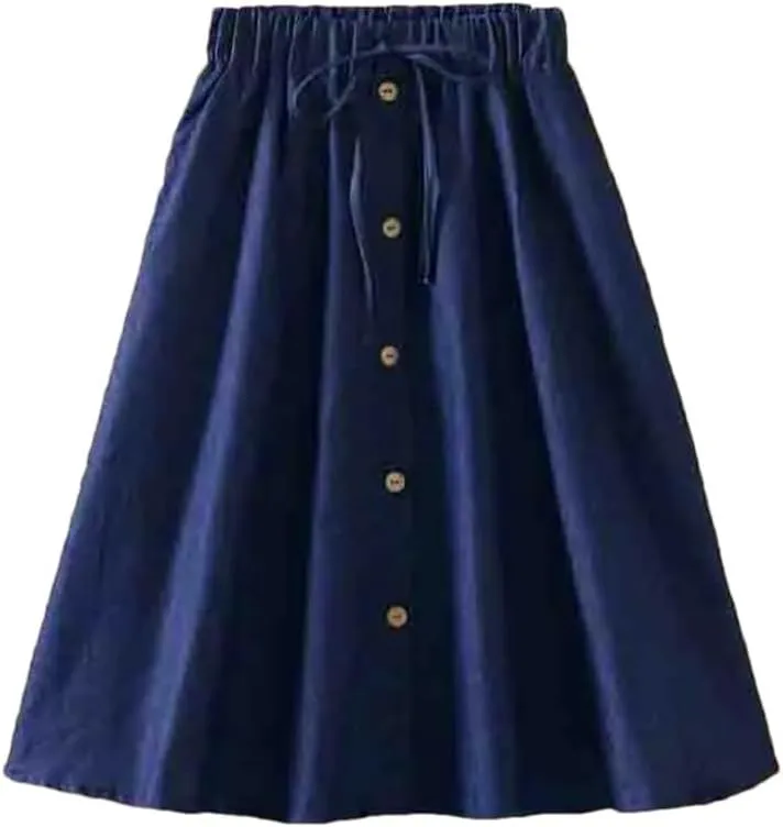 Women's High Waist Midi Denim Skirt Vintage A-Line Pleated Button Skirts