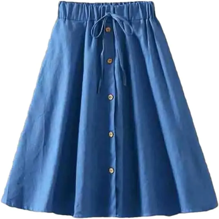 Women's High Waist Midi Denim Skirt Vintage A-Line Pleated Button Skirts
