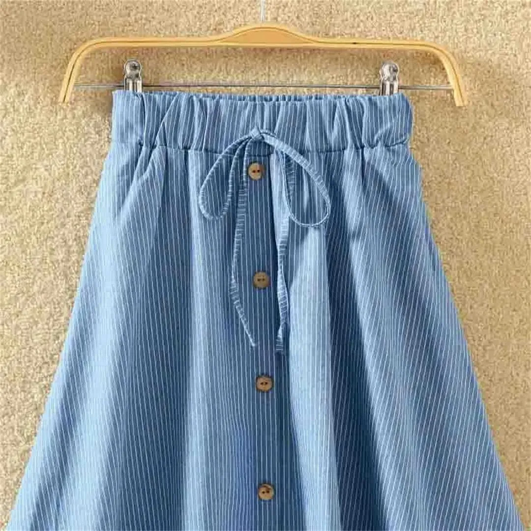 Women's High Waist Midi Denim Skirt Vintage A-Line Pleated Button Skirts