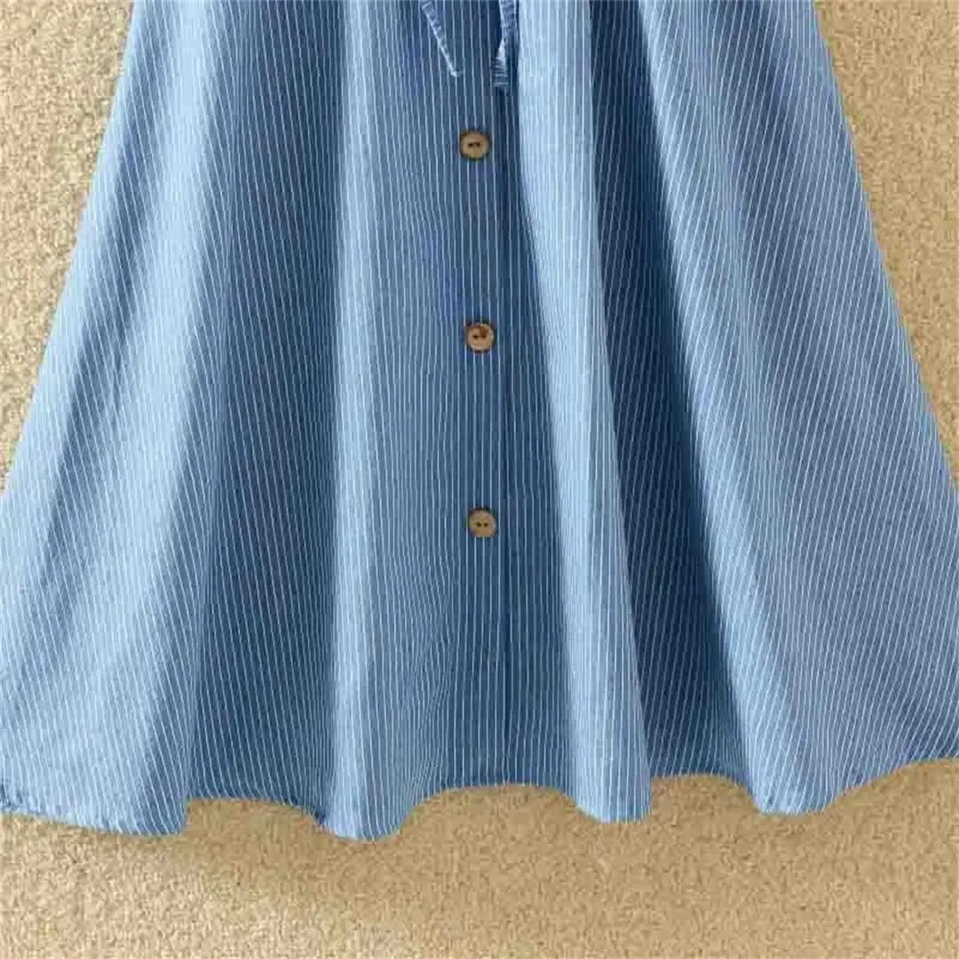 Women's High Waist Midi Denim Skirt Vintage A-Line Pleated Button Skirts