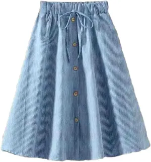 Women's High Waist Midi Denim Skirt Vintage A-Line Pleated Button Skirts