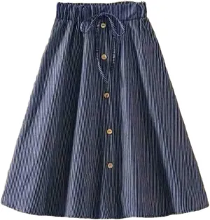 Women's High Waist Midi Denim Skirt Vintage A-Line Pleated Button Skirts