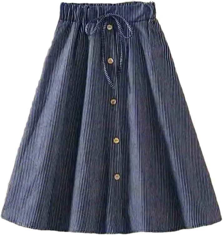Women's High Waist Midi Denim Skirt Vintage A-Line Pleated Button Skirts