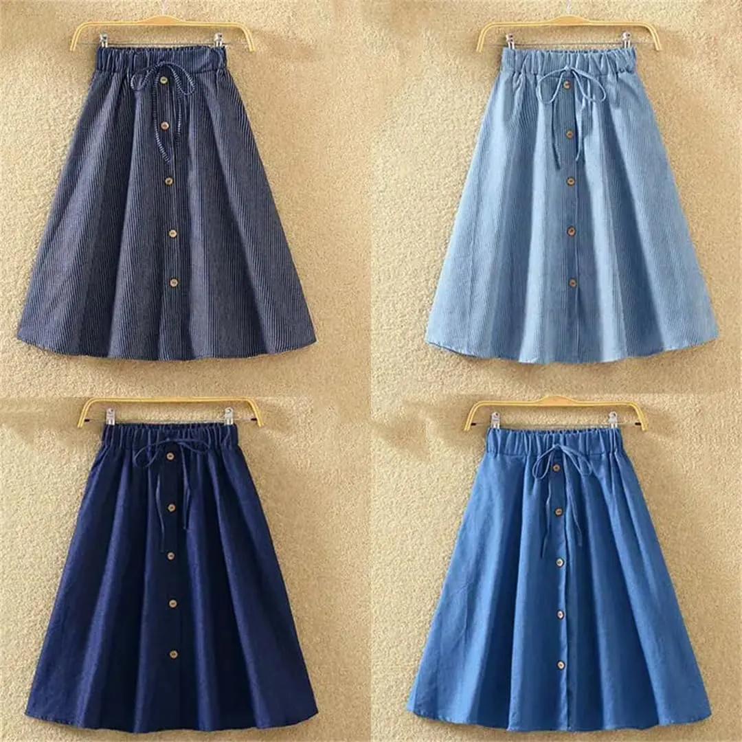Women's High Waist Midi Denim Skirt Vintage A-Line Pleated Button Skirts