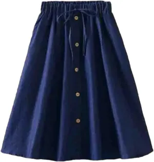 Women's High Waist Midi Denim Skirt Vintage A-Line Pleated Button Skirts