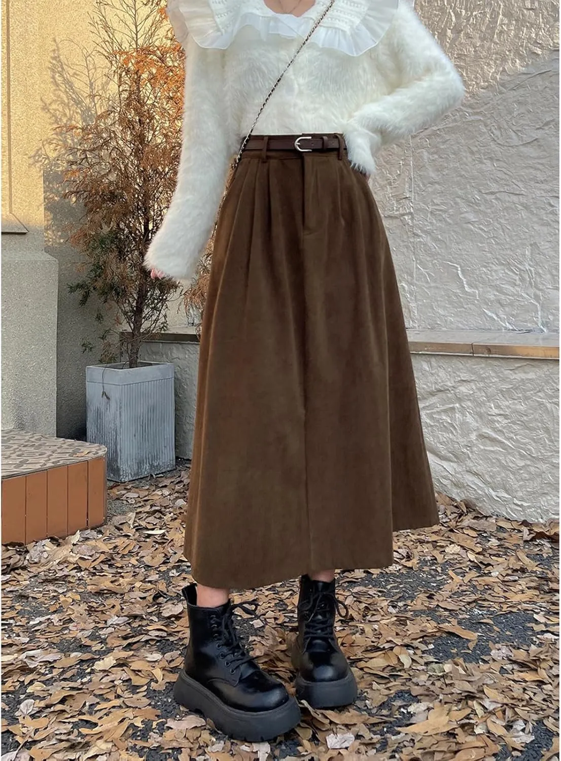 Women's High Waist Midi Skirt Vintage Elastic A-Line Pleated Button Skirts with Pockets