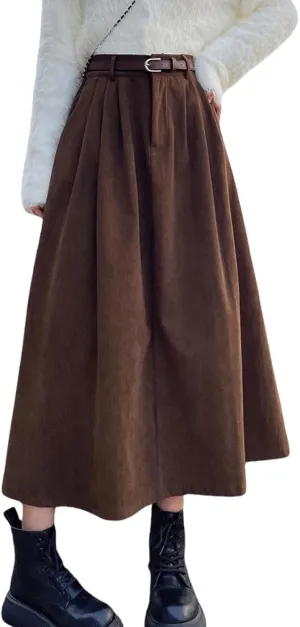 Women's High Waist Midi Skirt Vintage Elastic A-Line Pleated Button Skirts with Pockets