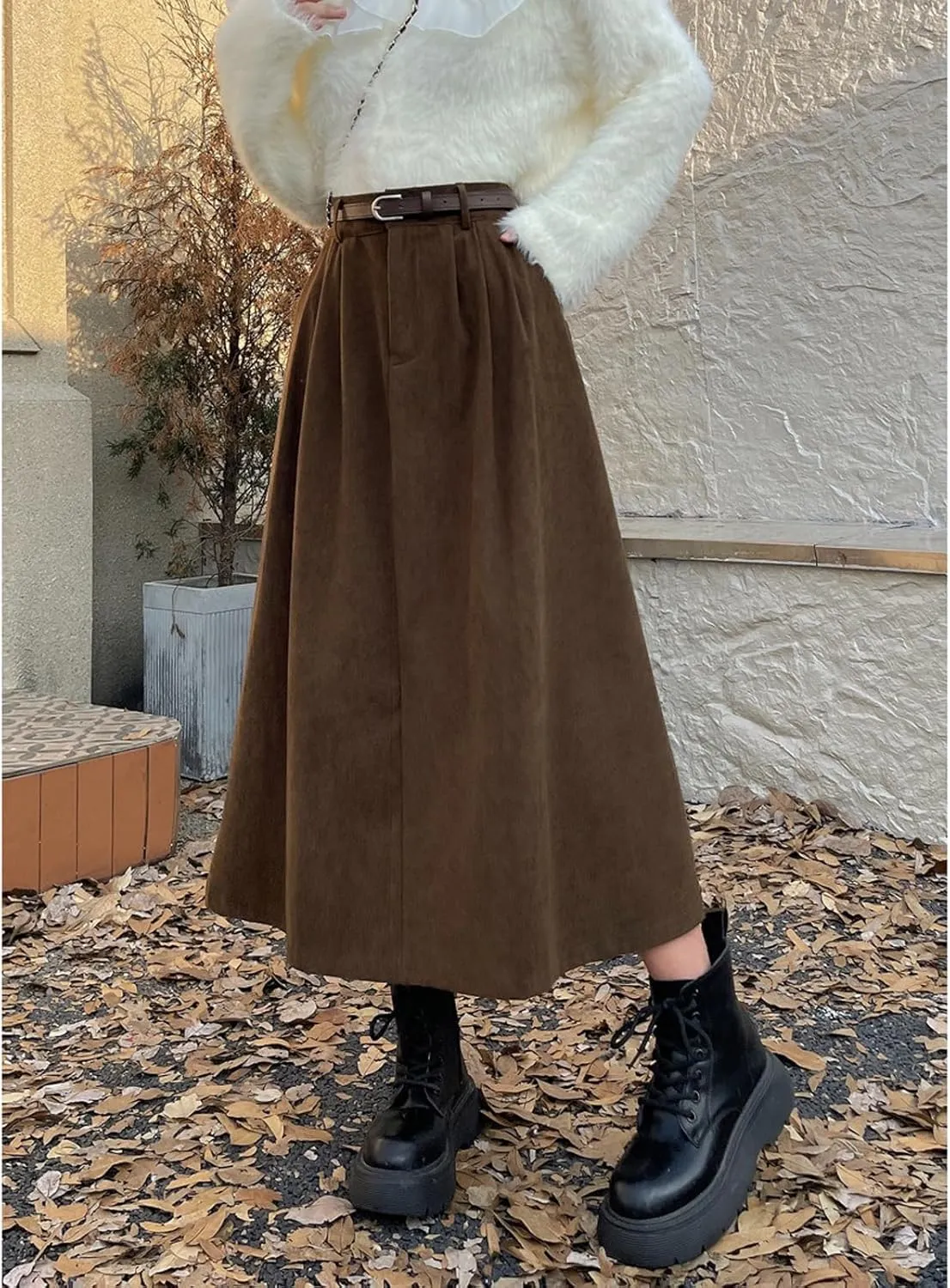 Women's High Waist Midi Skirt Vintage Elastic A-Line Pleated Button Skirts with Pockets