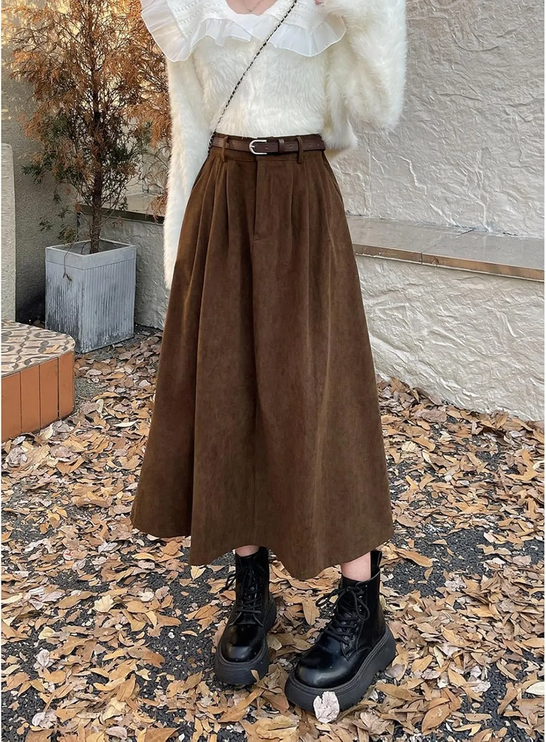 Women's High Waist Midi Skirt Vintage Elastic A-Line Pleated Button Skirts with Pockets