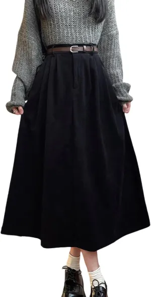 Women's High Waist Midi Skirt Vintage Elastic A-Line Pleated Button Skirts with Pockets