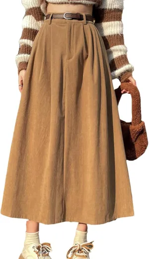Women's High Waist Midi Skirt Vintage Elastic A-Line Pleated Button Skirts with Pockets