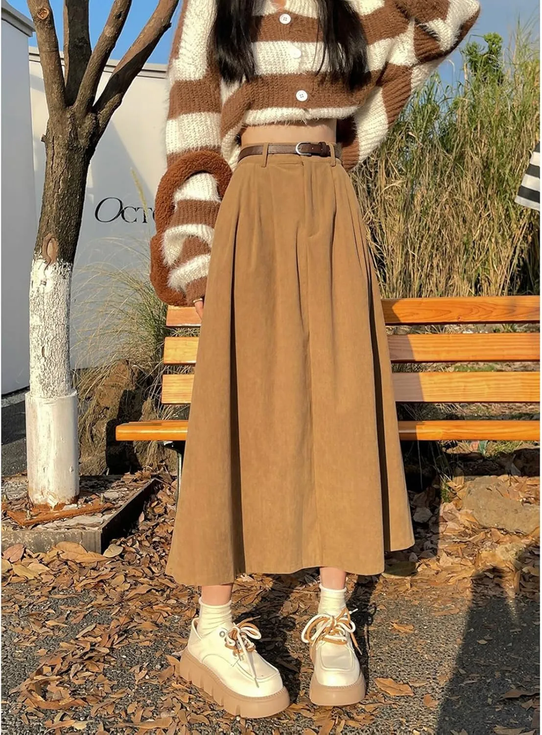 Women's High Waist Midi Skirt Vintage Elastic A-Line Pleated Button Skirts with Pockets